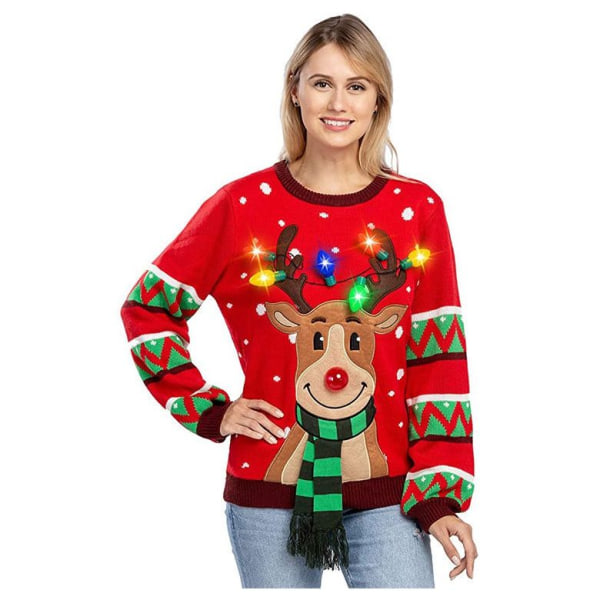 LED Glödande Ren Ugly Christmas Sweater med inbyggd glödlampa M