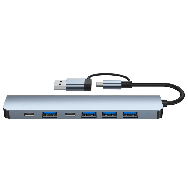 2-in-1 USB-C / USB-keskitin 7 porttia USB3.0 Windows MacOS Harmaa