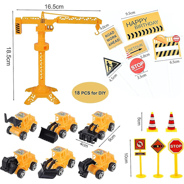 18 stk. Byggekage Toppers Køretøjer Sæt Gravemaskine Tårnkran Kage Topper Trafik- og vejskilt Dekoration Tillykke med fødselsdagen Fest Su