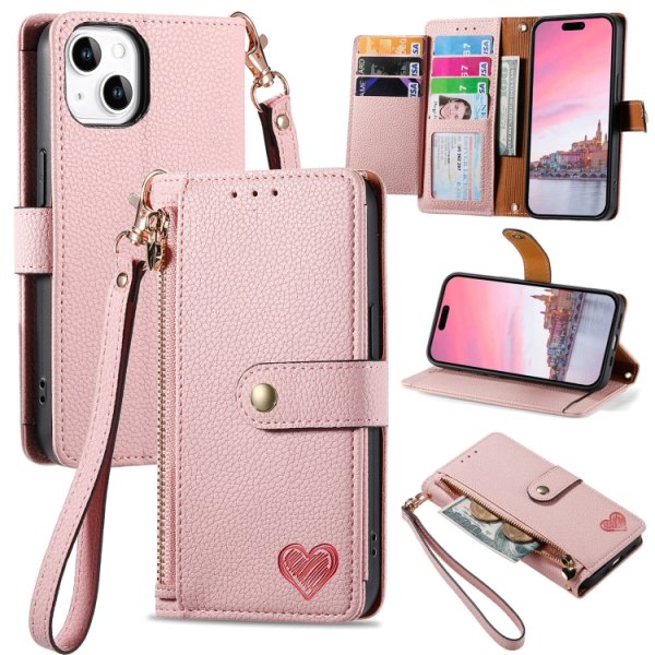 Love Zipper Lanyard Telefonveske Rosa For iPhone 13