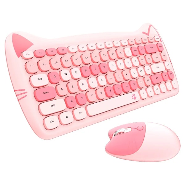 Söt katt 2.4G trådlöst tyst litet tangentbord och muskombinationssats flickpresent 84 tangenter Macarone rosa lila gul för PC bärbar dator L1603