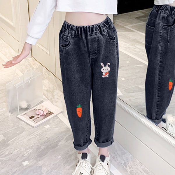 Jente lange bukser Elastisitet Uformelt kaninmønster løse bukser med lomme for daglig skole 120cm/47.2in