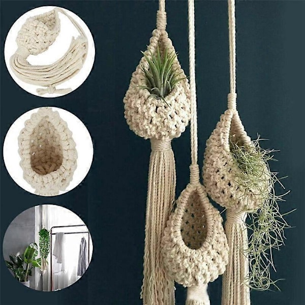 3X Boho Makramé Luftväxt Hängare Tillandsia Hängande Korg Rephållare Blomma Heminredning (13CM).pa