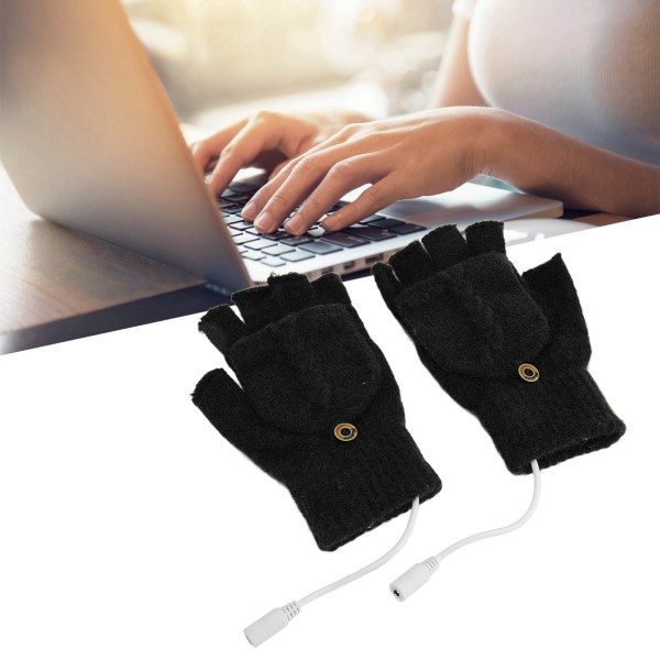 USB-opvarmede handsker Hel halvt fold tilbage Varme opvarmede vinterstrikkede fingerløse handsker til hjemmekontor Sort