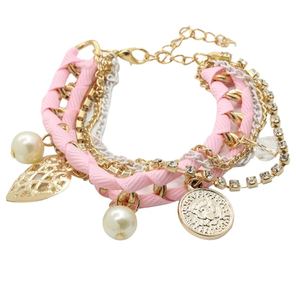 Fashionabla kvinnor Legering Faux Pearl ihåligt hjärta hänge flätat repkedja armband (rosa)