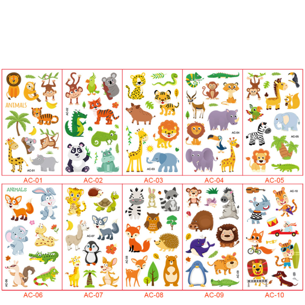 10 tecknade djurtatueringsklistermärken (olika tyylinen) C