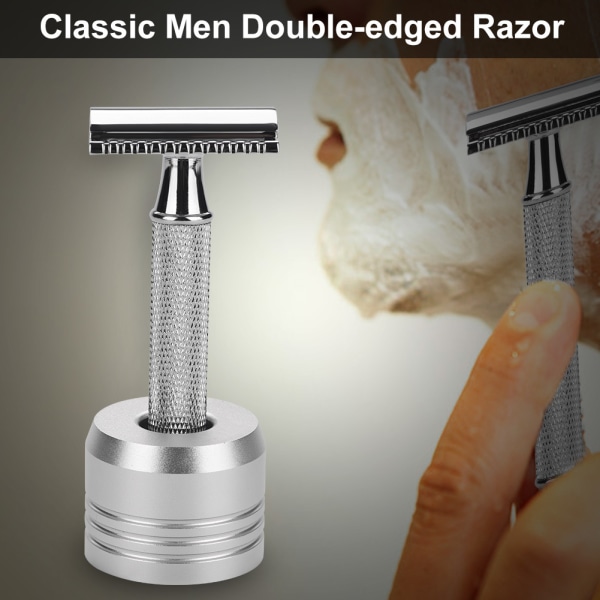 Mænd klassisk stil dobbeltkant barberkniv Hårfjerning Barberskæg Safe + Holder + 20 stk.