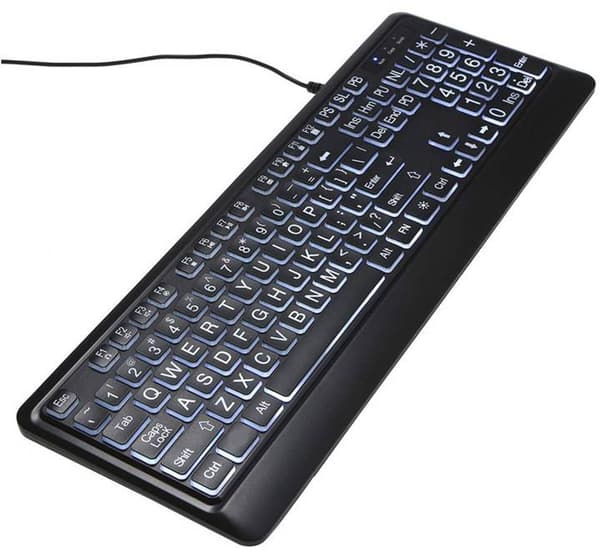 Baggrundsbelyst USB-tastatur med store taster, kablet design til ældre, sort