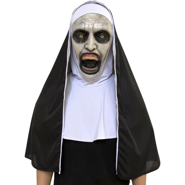 Skremmende Nonne Halloween-maske, realistisk latex-hette med åpen mun med hette for Halloween-kostyme-festrekvisita