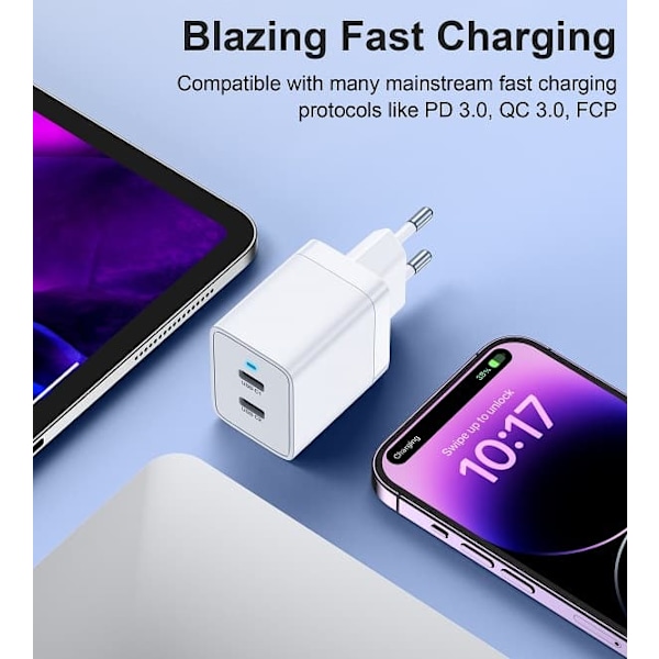 Choetech Dobbel Type-C Vegglader, 40W PD, hvit—pa