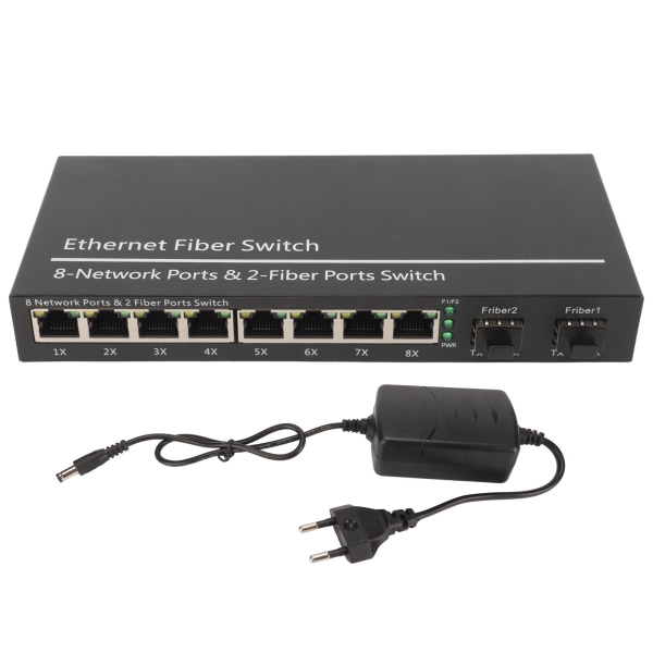 Ethernet-kuitukytkin 2 optinen portti 8 sähköportti Jopa 120 km RJ45-portti Plug and Play SFP kuitumediakytkin 100-240V EU-pistoke