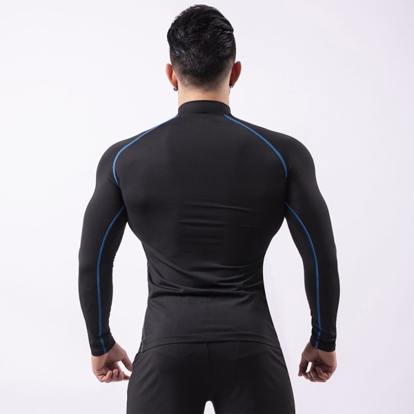 Herrskjortor med hög elastisk kompression, långärmad sporttröja för atletisk träningströja, svart och blå linjer XL