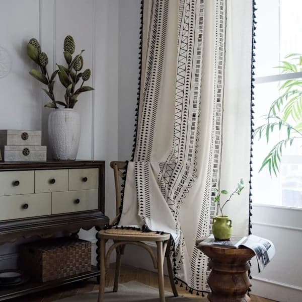 Boho Bomull Linnegardinpanel med tofsar och stångficka