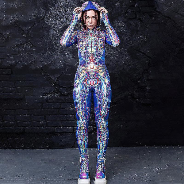 Högkvalitativt print på kroppsdelar Skelett Cosplay Hooded Långärmad Visual Impact Jumpsuit Halloween