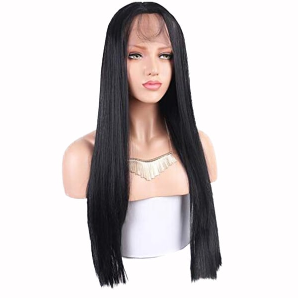 Musta väri suorat hiukset pitsiä etuperuukki lämmönkestävä synteettinen Cosplay peruukki (16)