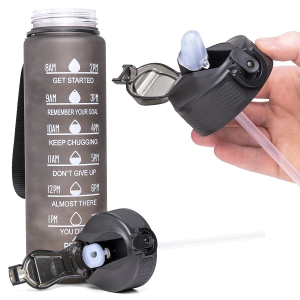 2-pak - 1l vandflaske med sugerør & tidsmarkør - Vælg farve! 2-pak Sort 2-Pack Svart