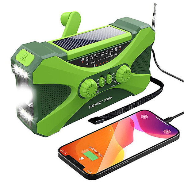 10000mAh Vevradio för nödsituationer - Solcellsdriven vevradio Campingprylar Överlevnadsutrustning Green English version