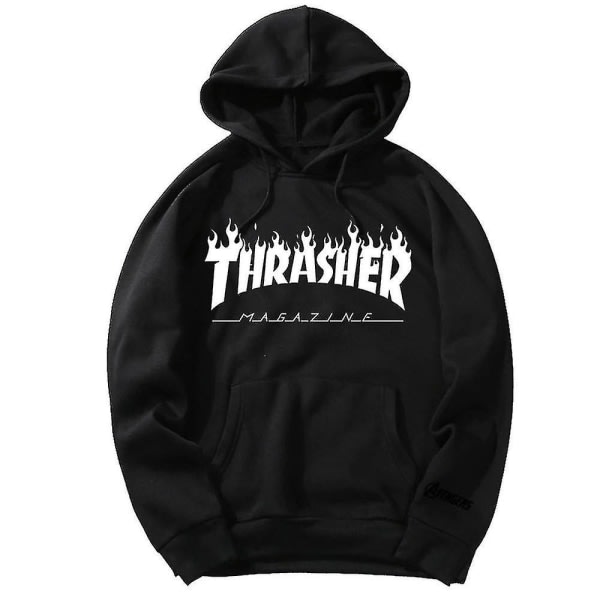 Unisex Thrasher Hoodie Tryckt Sweatshirt Huva med dragsko med ficka Svart S