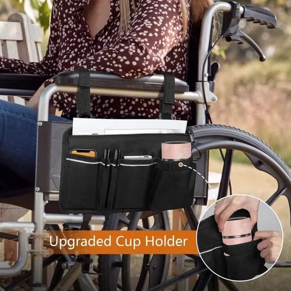Wheelchair Bag, Armrest Storage with Cup Holder and Reflective Strip