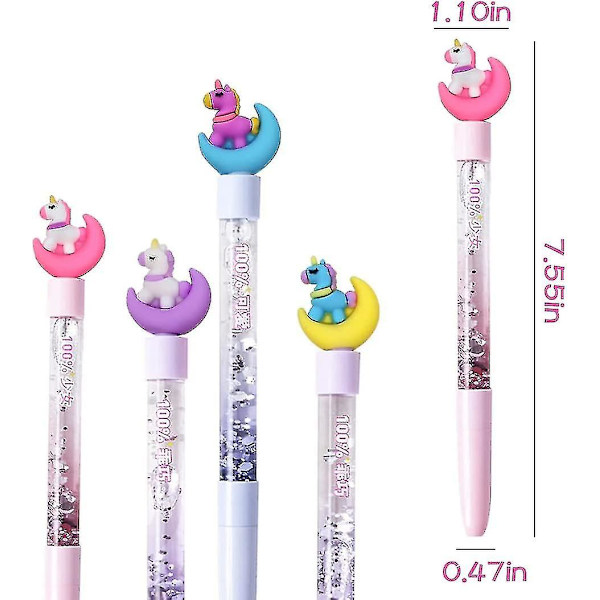 Xiannv 4 st Söta Enhörningspennor Brevpapper Set, Flerfärgad Glitter Flytande Sand Penna För Flickor Pojkar Barn Presenter, Svart Bläck, 0,5 Mm -