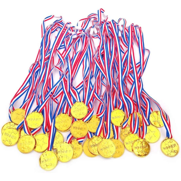 30 X plast guld vindere medaljer med band for barn til stede