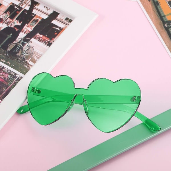 Hjärtformade solglasögon utan bågar Transparenta hjärtglasögon Färgglada festfavoriter (grön)