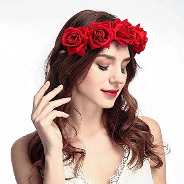 Rose Corolla Wreath Flower Pannband Festlig tiara för bröllop, passar de flesta huvudstorlekar, lätt och bekväm att bära (röd)