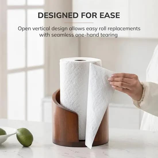 Paper Towel Holder Stand Solid Wood Vertical Roll Dispenser With Metal Side Bar for Kitchen Counter Dining Table Brown