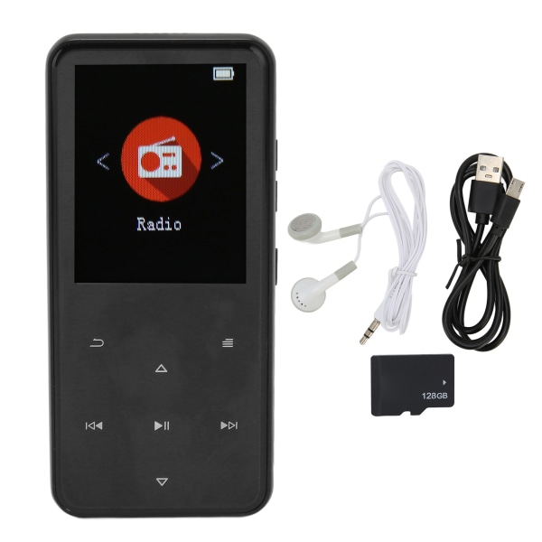 MP3-spelare 2,4 tum Smart HD brusreducering Pekknapp FM-radio 16GB Bluetooth 5.0 Musikspelare med minneskort Svart 128GB minneskort