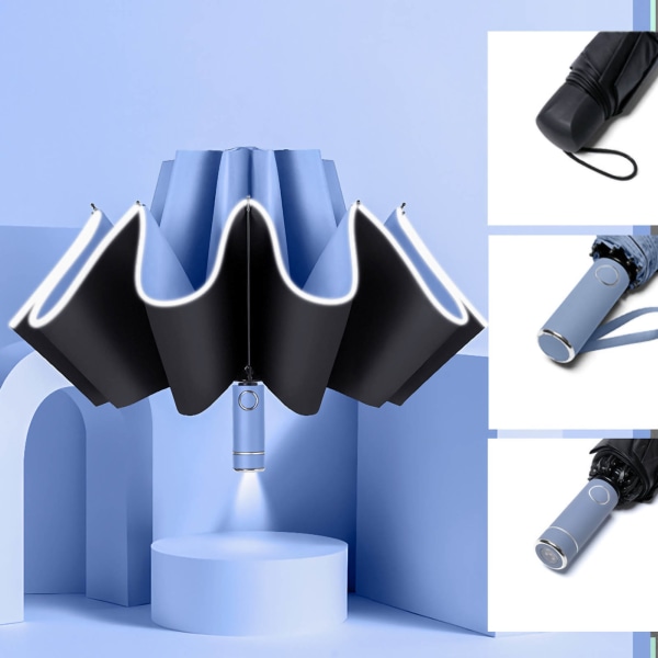 10 Forsterket Bone Reverse Automatisk Paraply Vindtett regn- og solbeskyttelsesparaply for reiseblått med LED-lys