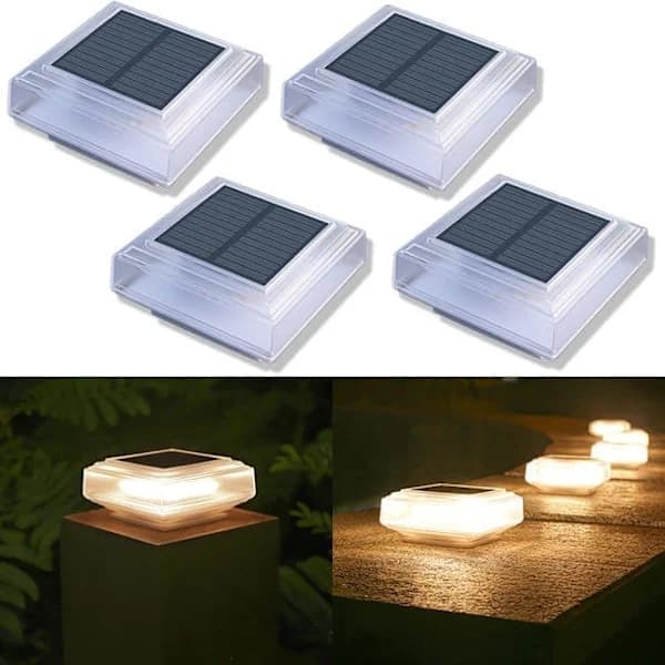 4-pakning solcellelamper for stolper, varmhvit LED, vanntett ABS utendørslamper for gjerde, terrasse, hage, uteplass, hvit 4 pcs