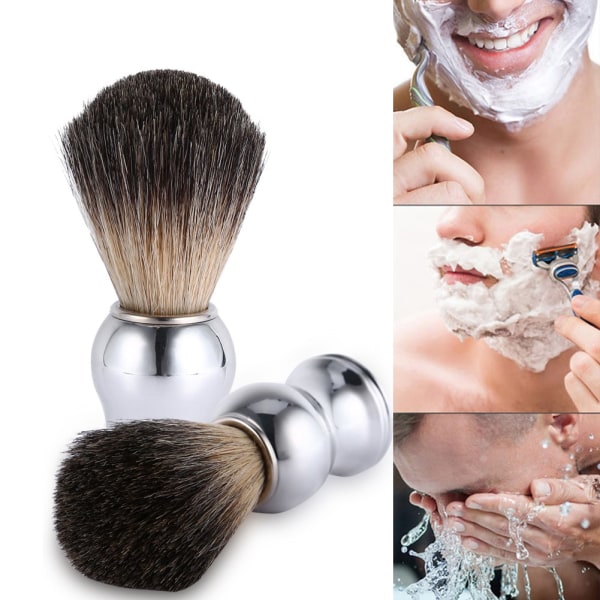 Fasjonabel barberbørste for menn, ansiktsrengjøringsverktøy Faux grevlinghår og sølvplasthåndtak