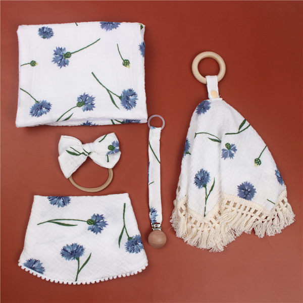 Baby 5-delars set för nyfödda - Mjölkburk, Rapduk, Topp, Lugnande filt, Salivhandduk, Nappklämma, Hänge, Babyhårband Orchid