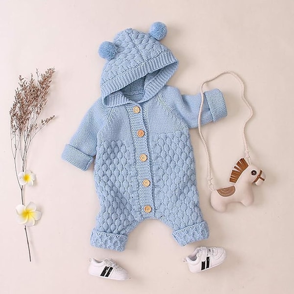 Nyfödd Baby Ear Hood Stickad Romper Jumpsuit Varmare snödräkt för pojkar Flickor Ljusblå 90cm 90 cm 90 cm Light Blue