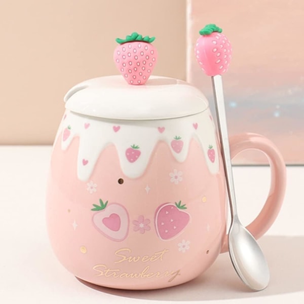 Søde Jordbærkrus Rosa Kaffekrus Keramisk Kawaii Kop Morgen Te Mælk Frugtkrus med Fint Låg Rustfri Ske