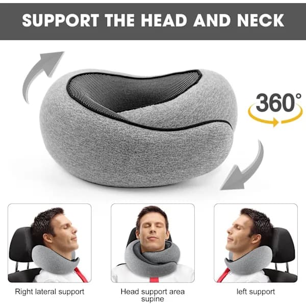 Grå U-formet nakkepute i memory foam for reiser og fly