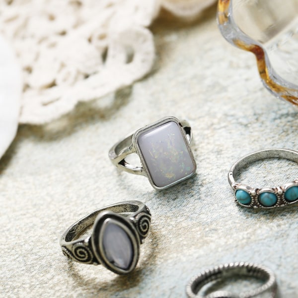 7 stk Vintage Opal Turkis Gemstone Carving Knoke Ring Sett
