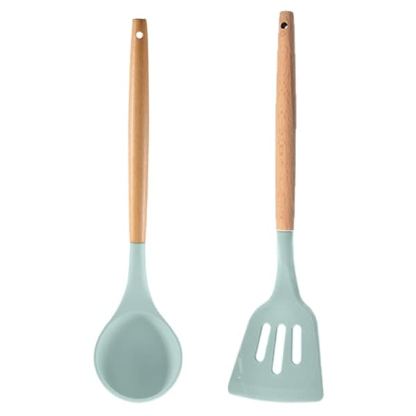 2-pack, lättstädade köksredskap i trä, Soppslev + spade (sjögrön)