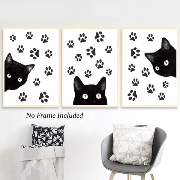Sett med 3 djurkattväggkonsttrykk, rolig affisch med svart katt en