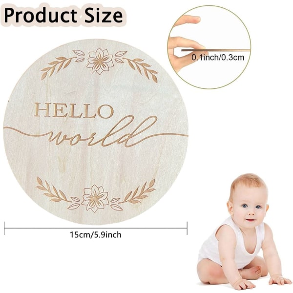 5,9 tommer rundt babykunngjøring fotorekvisitt Basswood-skilt Hello World Babyskilt for Nursery L2