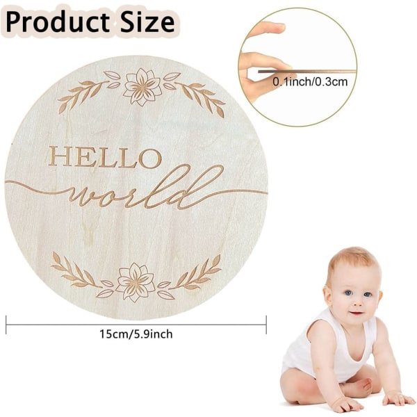 5,9 tommer rundt babymeddelelsesfotorekvisit Basswood-skilt Hello World Babyskilt til Nursery L2