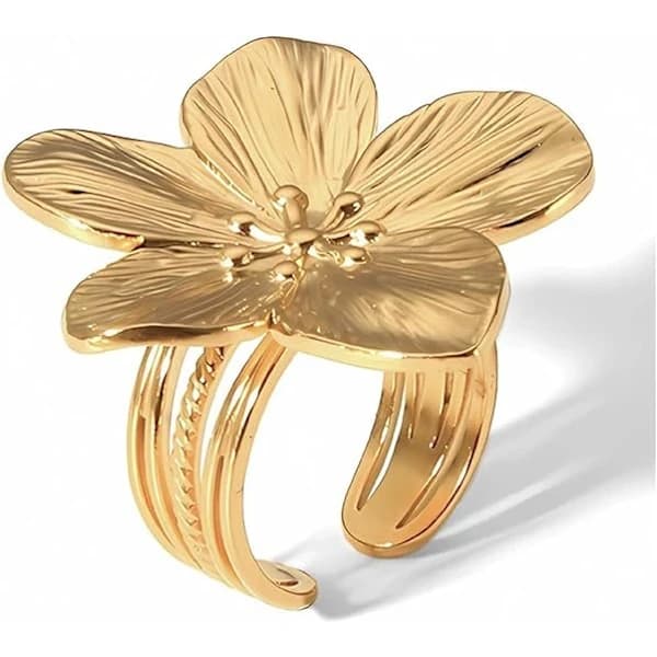 Gull Blomsterring for Kvinner Trendy Sølv Blomst Statement Ring Justerbar Minimalistisk Ring Smykke[ca]