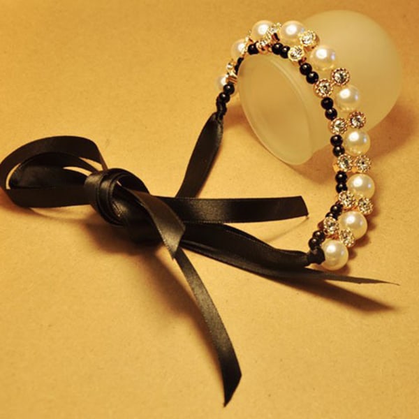 Kvinnor Geometri Pearl Ribbon Diamante Collarbone Chain Halsband Smycken Tillbehör (svart)