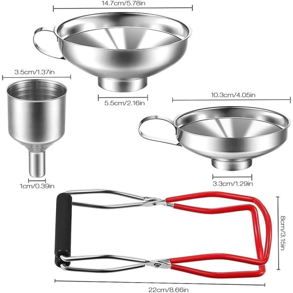 Set med 4 deler i rustfritt stål - Syltetrakt, påfyllingstrakt, sett med håndtak, tenger for plater, rustfri ståltrakt for overføring av krydder