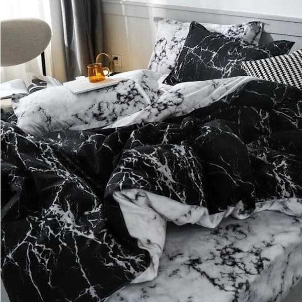 Sengetøj 200x200cm Marmorlook Sort Hvidt Moderne Sengesæt 200*200cm