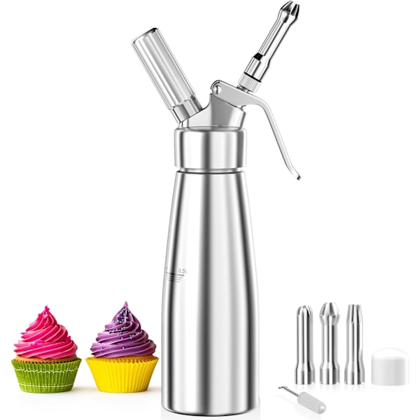 250 ml flødeskumsifon, flødeskumspistol, aluminium, med 3 dekorative rustfrie dyser, 1 rengøringsbørste