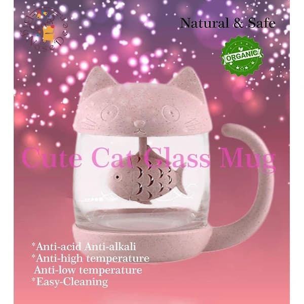 Kattglass Tekopp Vannflaske - Med 250ml (8oz) Fishbread Infusionsfilter (rosa)