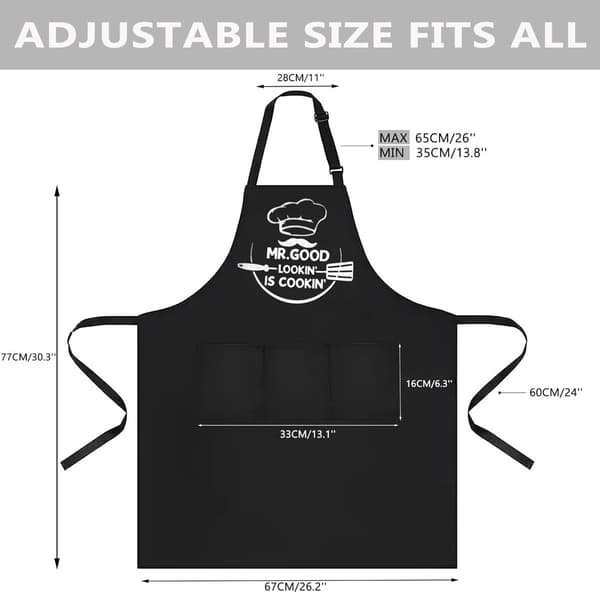 Forkle, vannavstøtende bomullspolyester, store lommer, justerbar nakkestropp for matlaging og grilling, svart, 67 x 77 cm