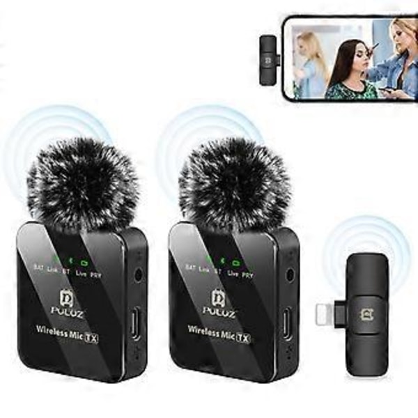 PULUZ Trådlös Lavalier Mikrofon för iPhone / iPad, 8-Pin Mottagare och Dubbla Mikrofoner (Svart)