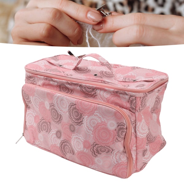 Stickväska Rosa Oxford-tyg DIY multifunktionell bärbar virkad hållarväska med avdelare för stickor Garnbollar Sytillbehör